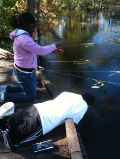 Students using ecoMOBILE to explore a pond.