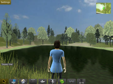 ecoMOBILE virtual world screenshot: person standing in front of pond.