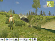 Virtual world screenshot with park ranger standing next to hill with trees and shrubs. A stream of water flows at the bottom of the hill.