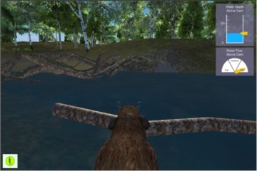 Virtual world screenshot of pond and water analysis tool.